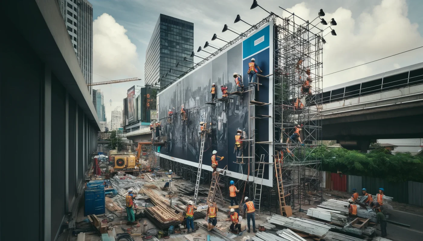 Dall·e 2024 05 21 19.21.28 A Scene Of Workers Constructing An Outdoor Billboard Advertisement. The Setting Is An Urban Area With A Large, Unfinished Billboard Structure Being Mo